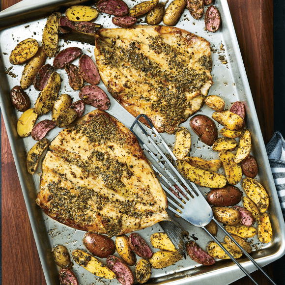 Herbs de Provence Crusted Branzino and Fingerling Potatoes