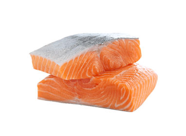 Two pieces of salmon on a white background