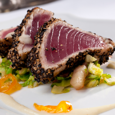 Seared ahi tuna plated