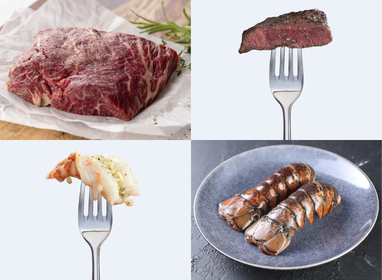 Collage of raw meat, cooked lobster tails, and a fork with food on a white background.