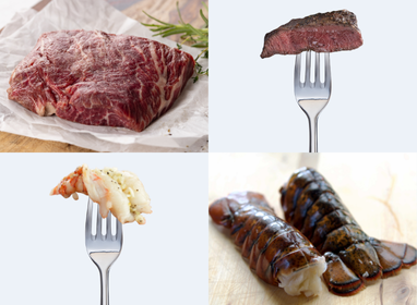 Collage of raw meat, cooked meat on a fork, and lobster tails.