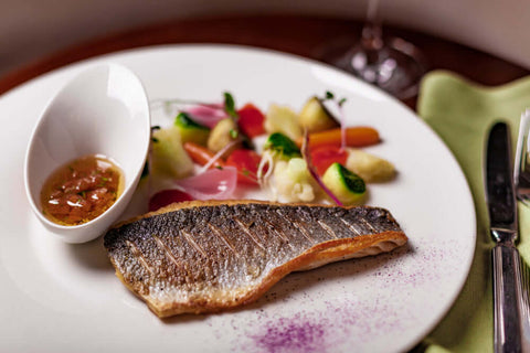 A Branzino (European Sea Bass) skin on fillet cooked and plated